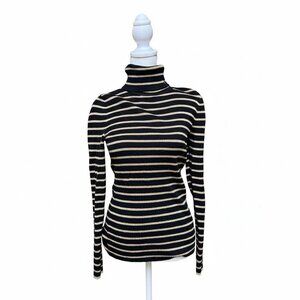 Lauren Ralph Lauren Black Gold Metallic Stripe Turtleneck Sweater S